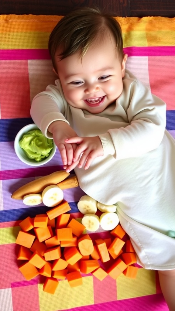 A variety of healthy baby snacks including avocado, banana, carrot sticks, and sweet potato for a 9-month-old.